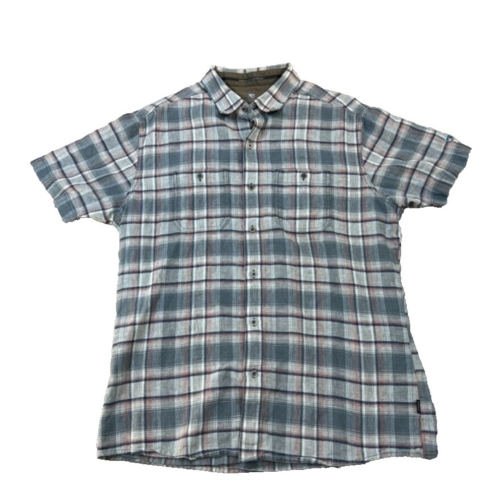 Kuhl Shirt Plaid Striped Large Gray Red Metal Button Front Short Sleeve Men's